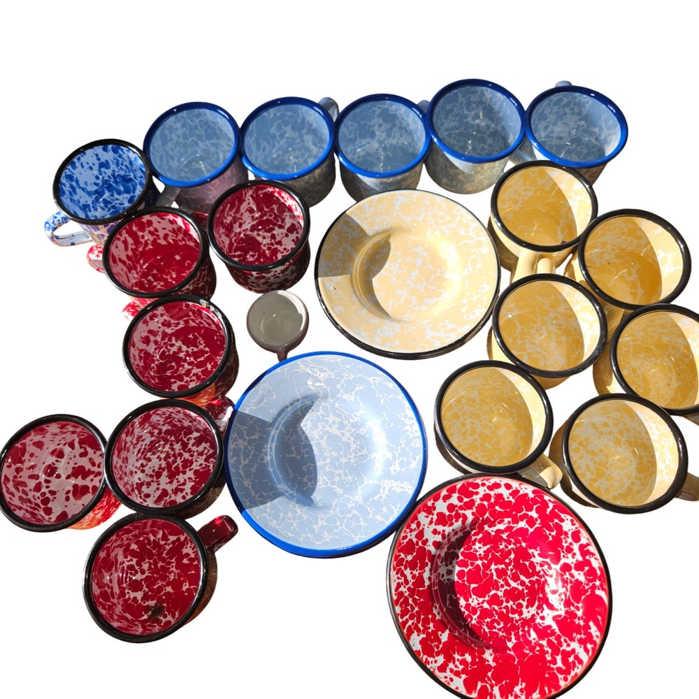 CGS International Enamelware Splatter Mugs Saucers Set Red‎ Blue Yellow 36pc